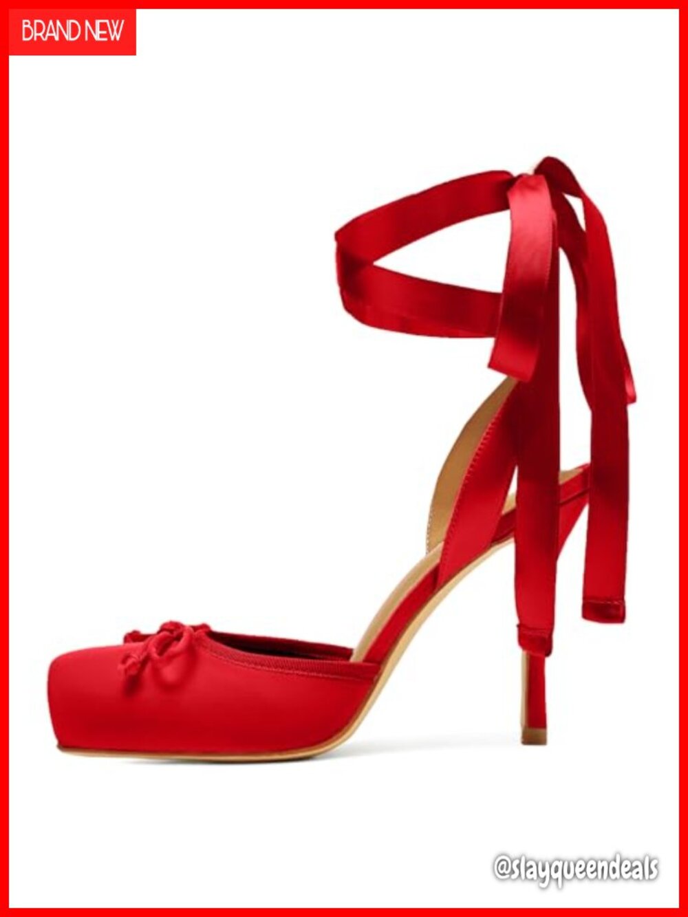 Satin Ballet Heels Square Toe Bow Lace Up Slingback Pumps